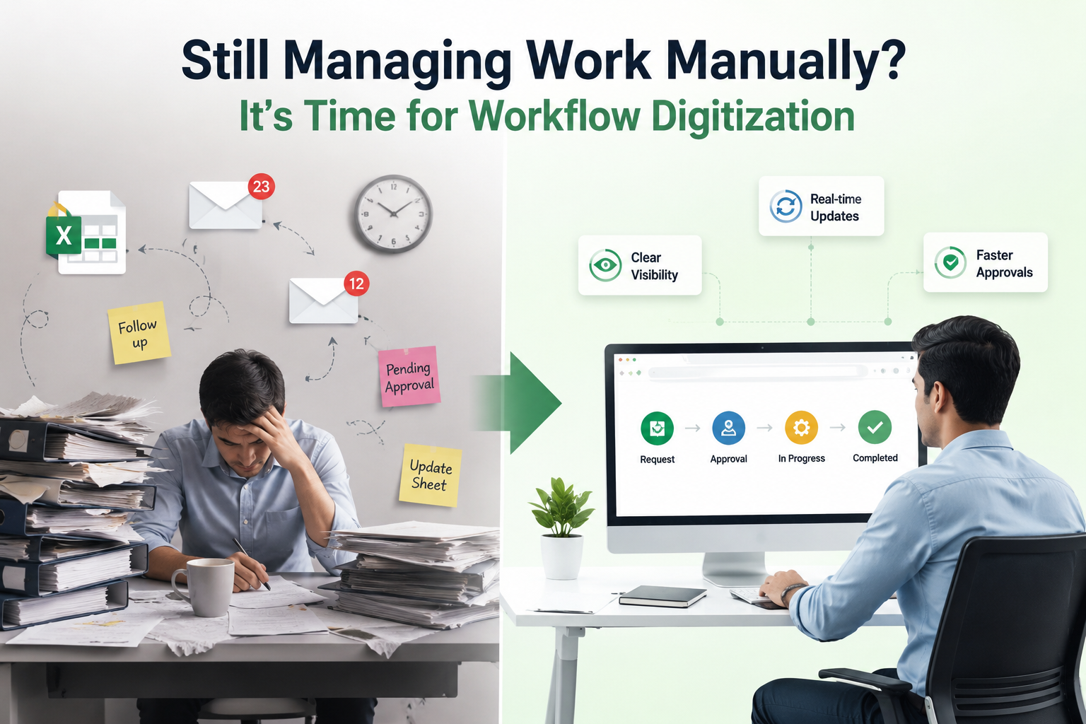 Side-by-side comparison of manual paperwork and digital workflow automation showing a faster, organized, and streamlined business process.
